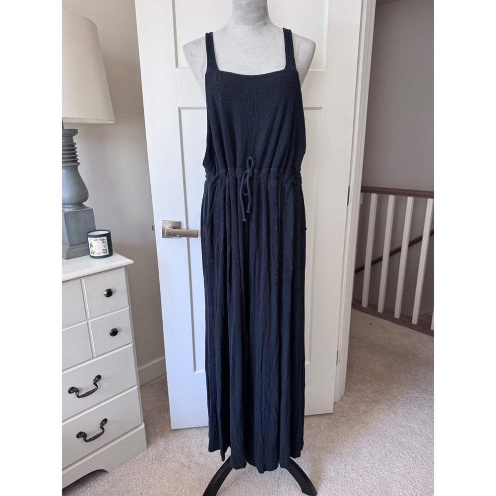 FP Beach Free People Navy Blue Ribbed Wide Leg Jumpsuit O-Ring Straps Small